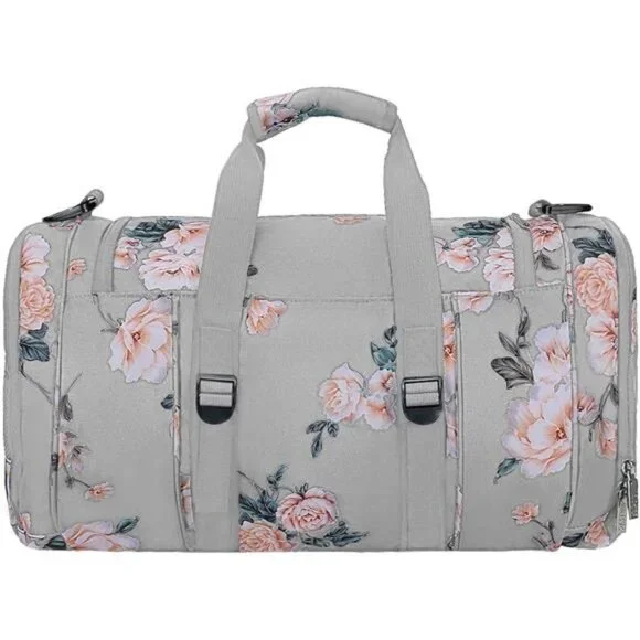 Gray Floral Print Sports Travel Tote Weekender Duffle Gym‎ Bag Crossbody Purse
